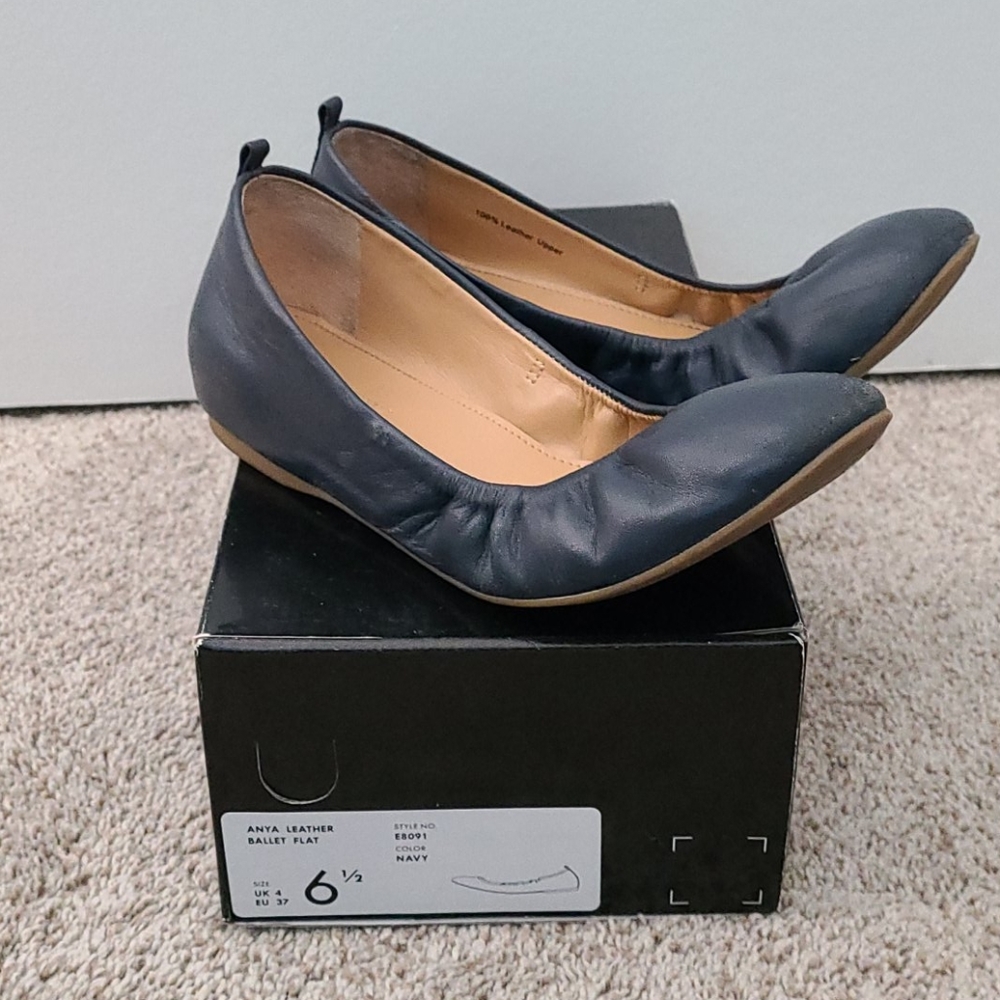 J. Crew Navy Leather Ballet Flats with Tan Interior